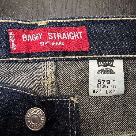 VTG Levi's 579 Jeans Men's 34x32 Dark Wash Baggy Straight Denim Skater Y2K 00s - Picture 2 of 12